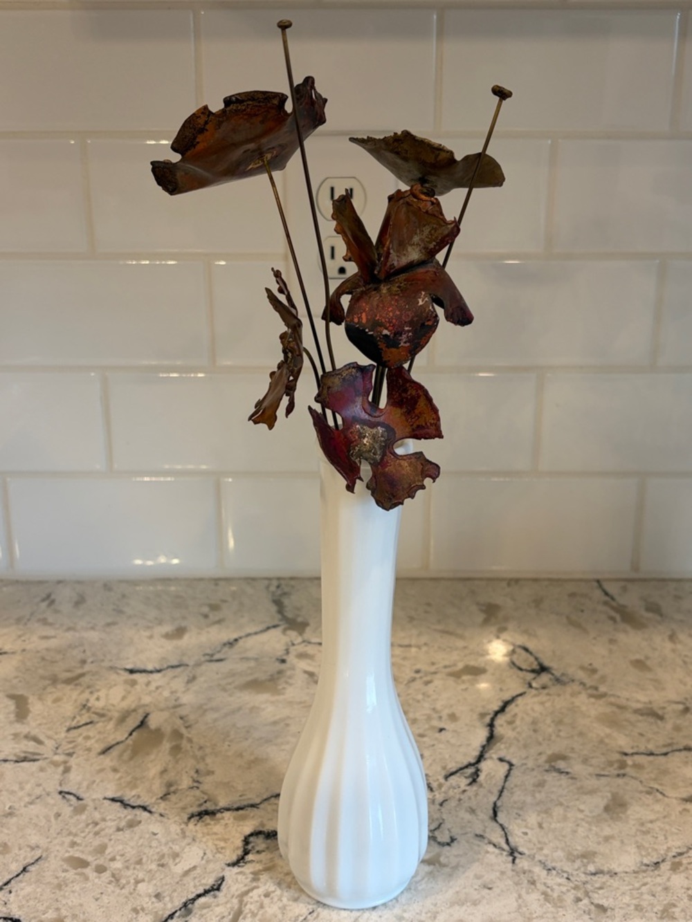 Brutalist Metal Flowers in Vintage Milk-glass Vase - Picture 11 of 11